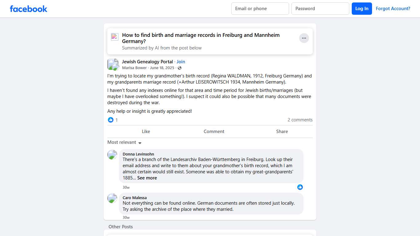 Jewish Genealogy Portal | I'm trying to locate my grandmother's birth record (Regina WALDMAN, 1912, Freiburg Germany) and my grandparents marriage record (+Arthur LEISEROWITSCH... | Facebook